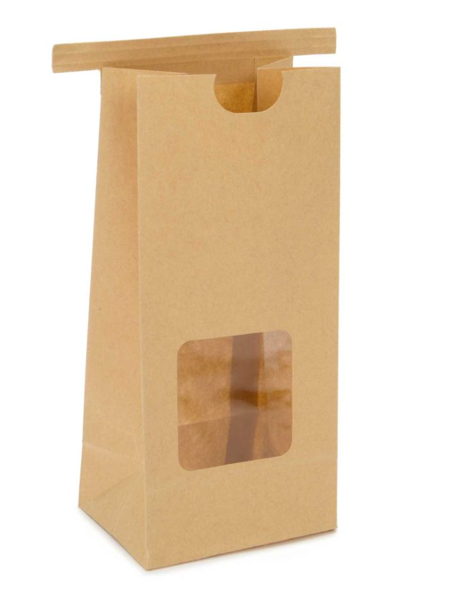 A Kraft paper coffee bag with a tin tie closure and a window in the front is offered as part of the gift set at no extra charge.