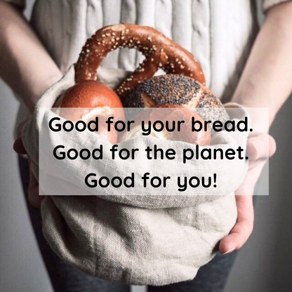The front of the thank you card shows a woman holding a bread bag with a variety of rolls extending from the top of it. The words say, "Good for your Bread. Good for the planet. Good for you!"