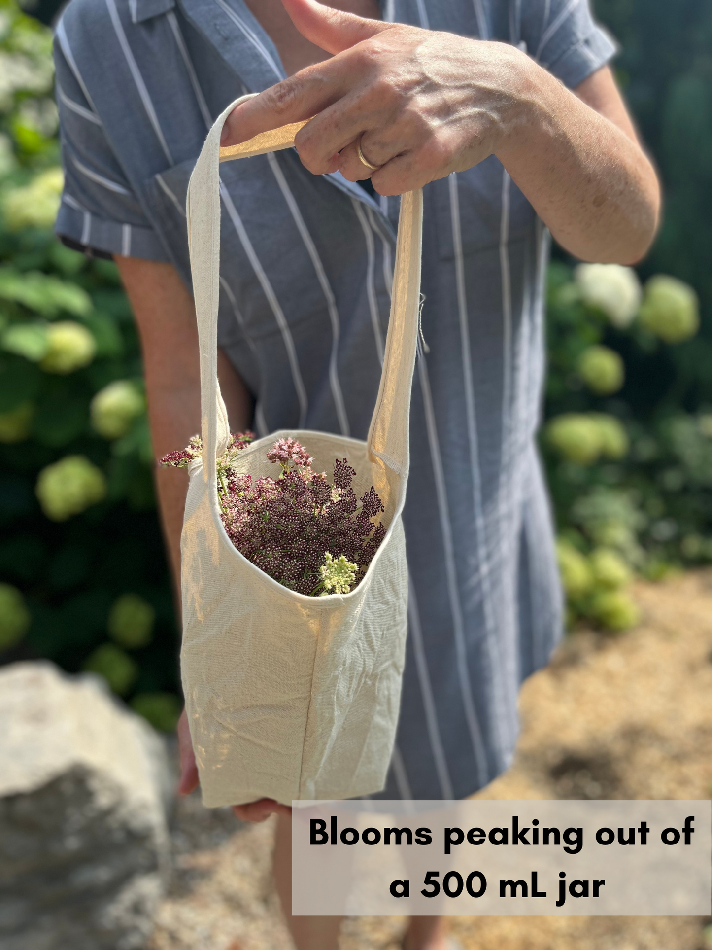 Blooms peak out of a posy tote. The text shows that a jar is inside holding water.