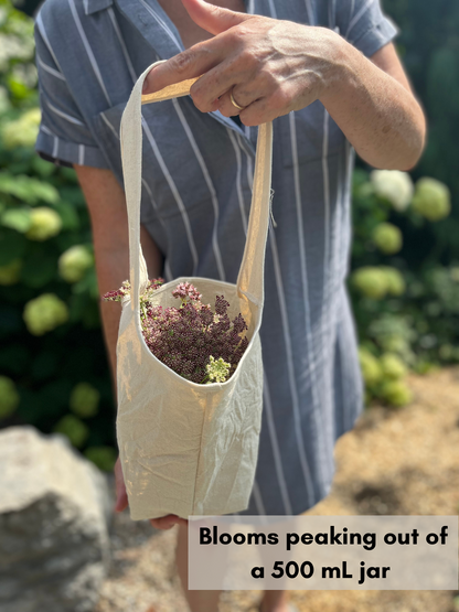 Blooms peak out of a posy tote. The text shows that a jar is inside holding water.