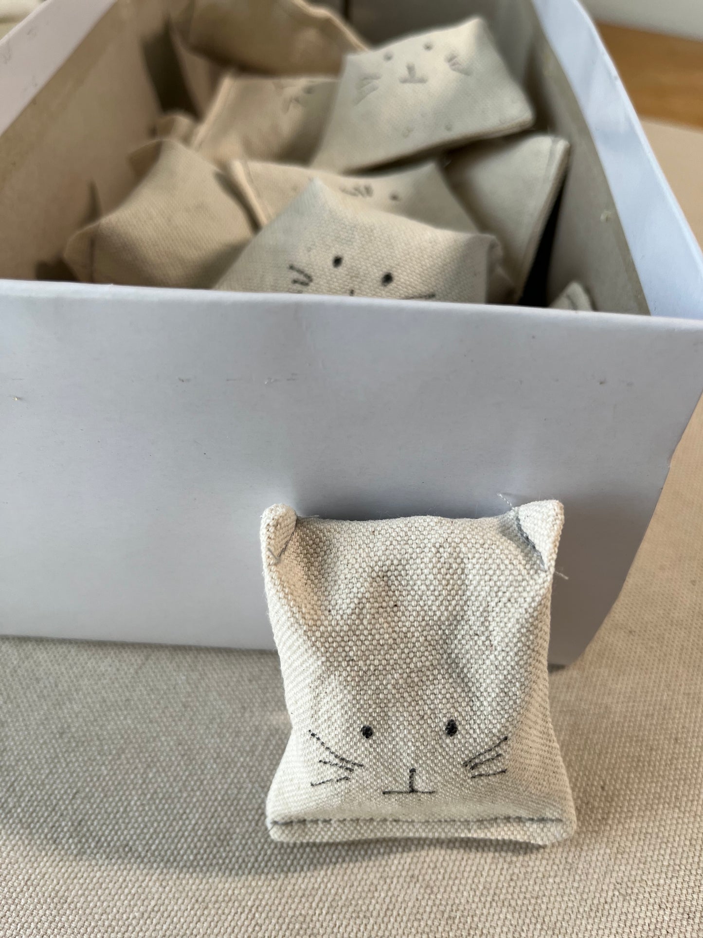 A canvas cat toy sits outside a box filled with ten others.
