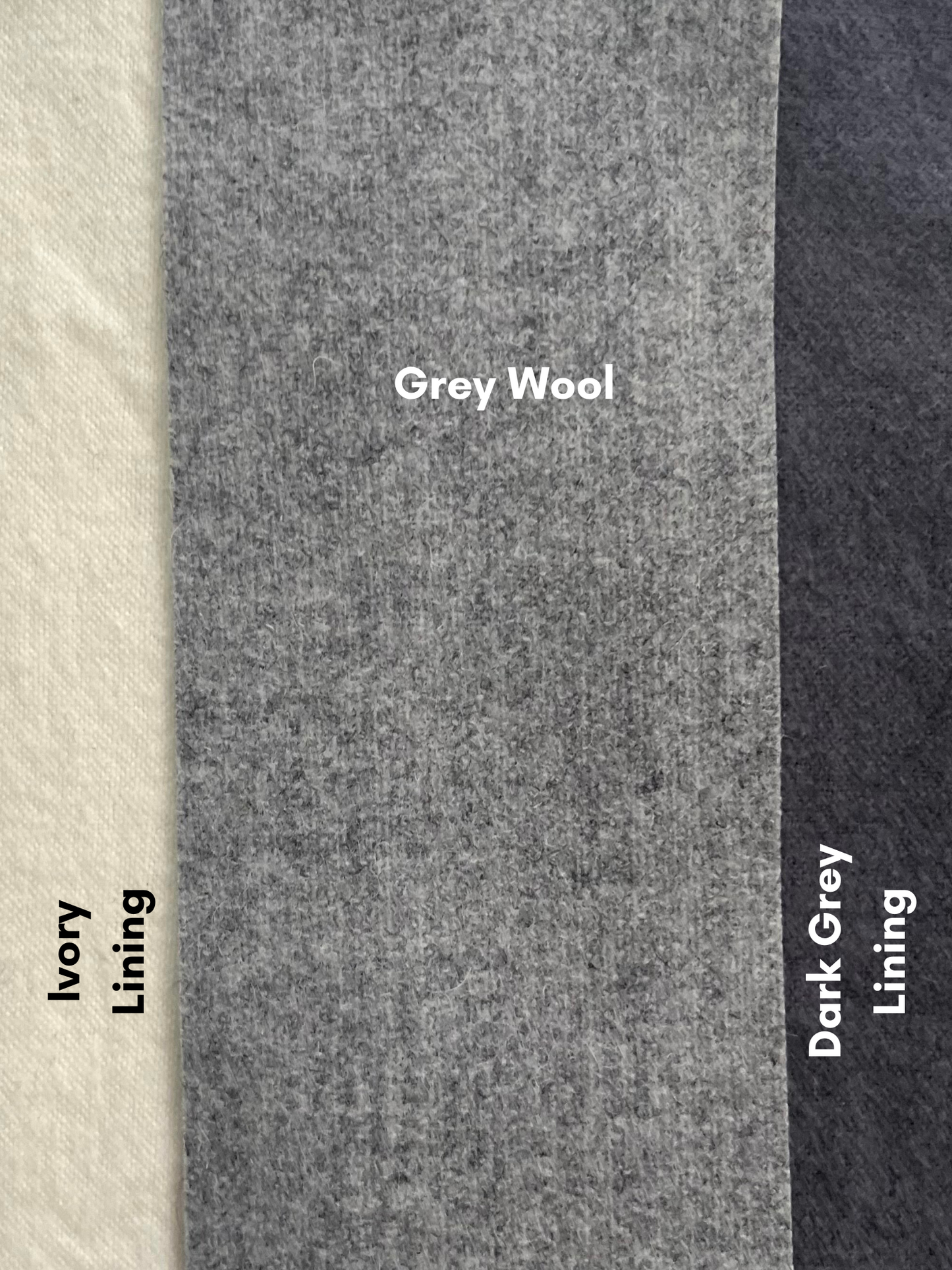 Samples of 3 colours available: the body of the sack is dove grey wool.  You can choose an ivory or dark grey  flannelette for the lining.