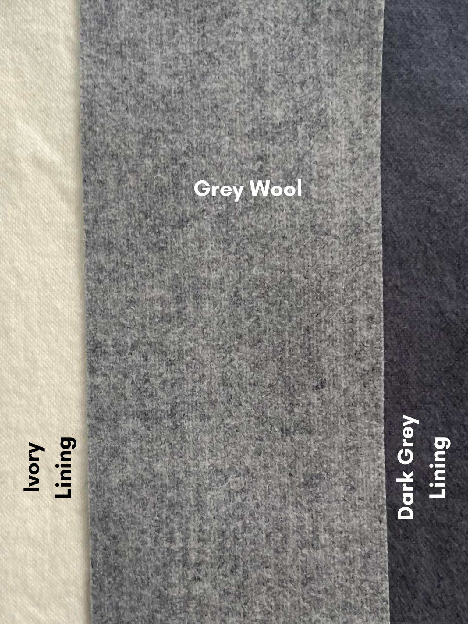 Samples of 3 colours available: the body of the sack is dove grey wool.  You can choose an ivory or dark grey  flannelette for the lining.